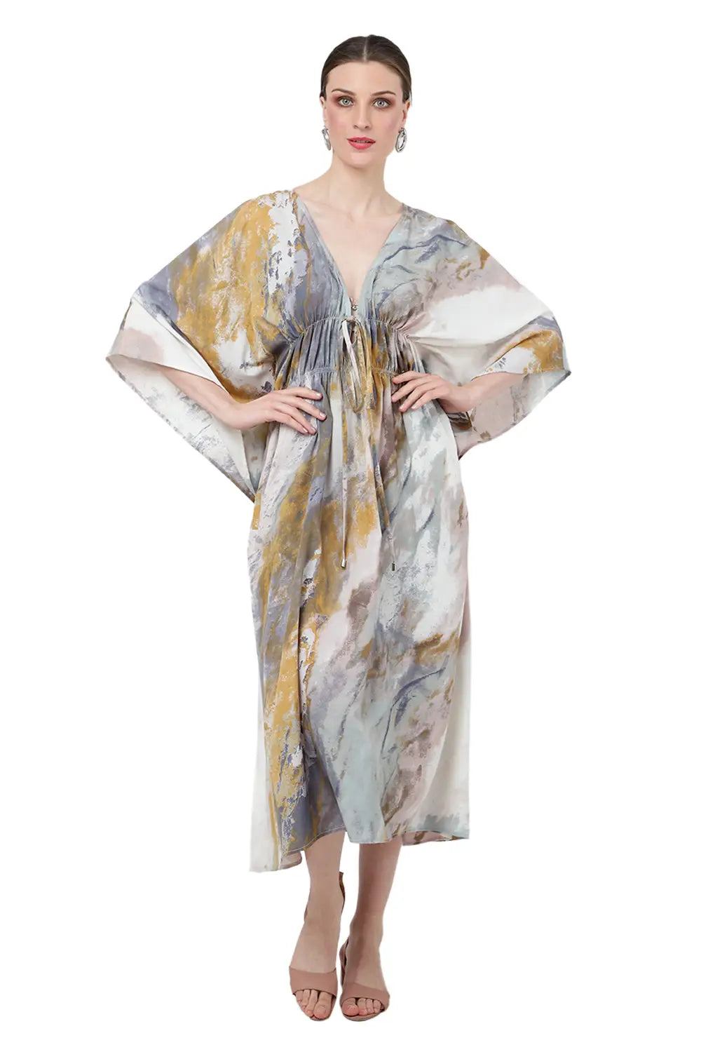 Plunging Neckline, Tie Detail With Elasticated Gathers At The Waist Kaftan Dresses - Paint Splatter