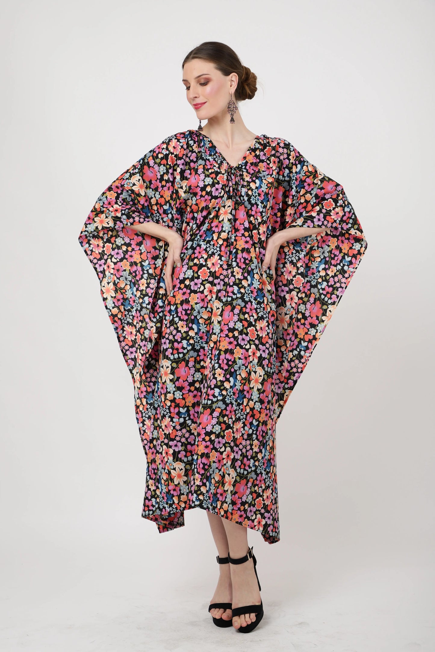 V-shaped Neckline Having Gathers in The Neckline With Tie Strings Kaftan Dresses - Floral