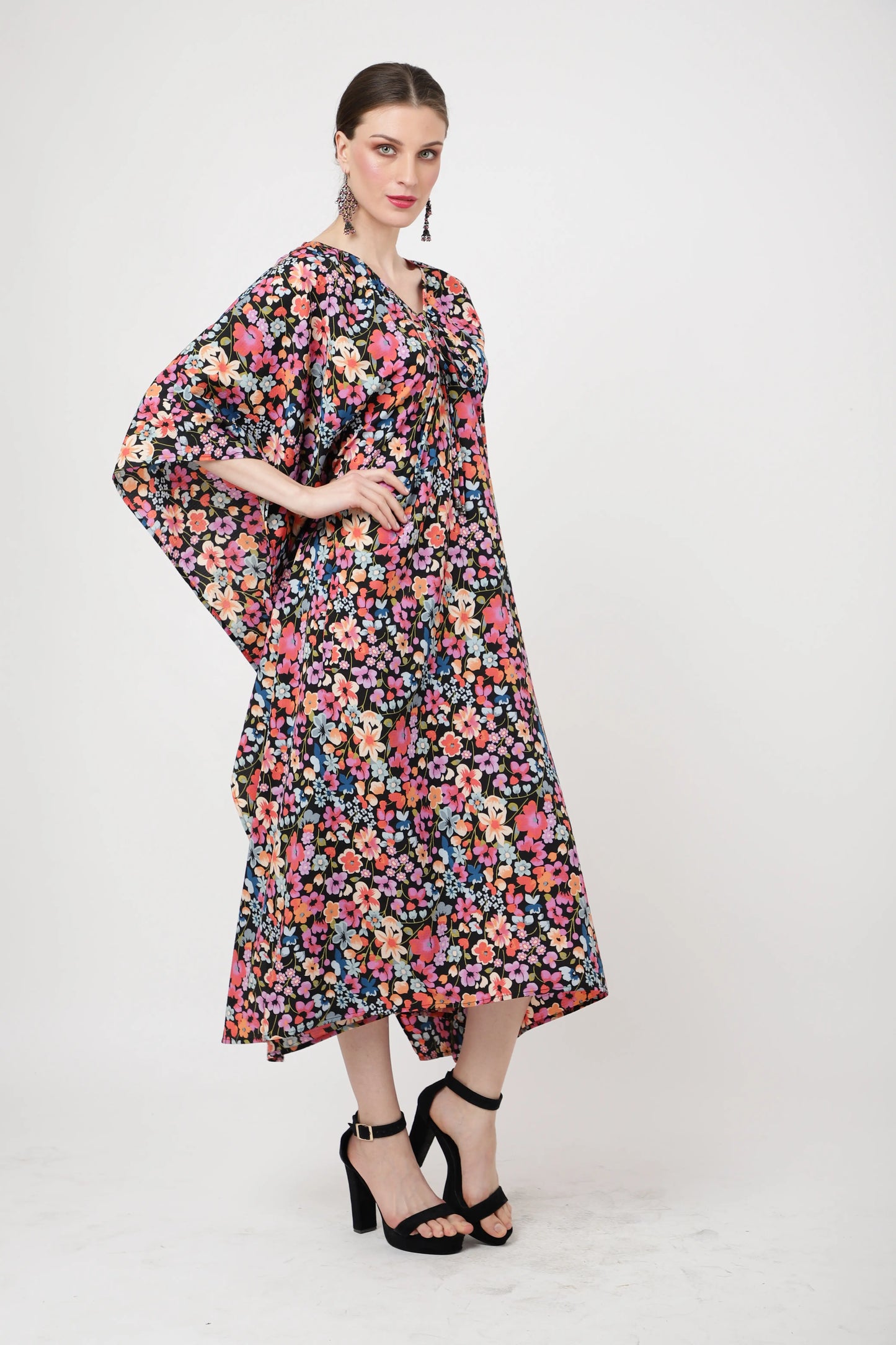 V-shaped Neckline Having Gathers in The Neckline With Tie Strings Kaftan Dresses - Floral