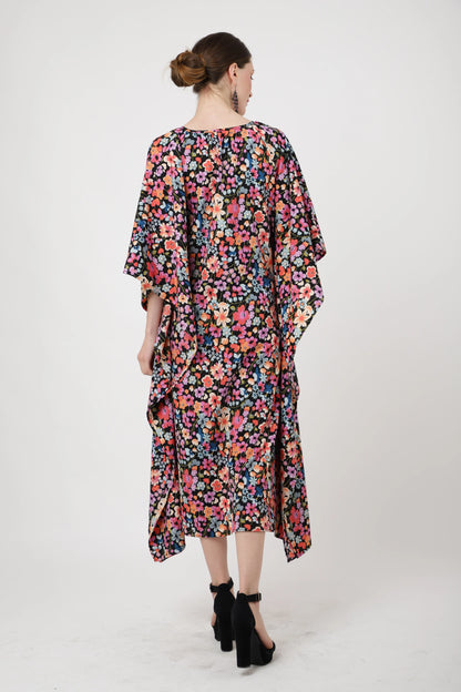 V-shaped Neckline Having Gathers in The Neckline With Tie Strings Kaftan Dresses - Floral