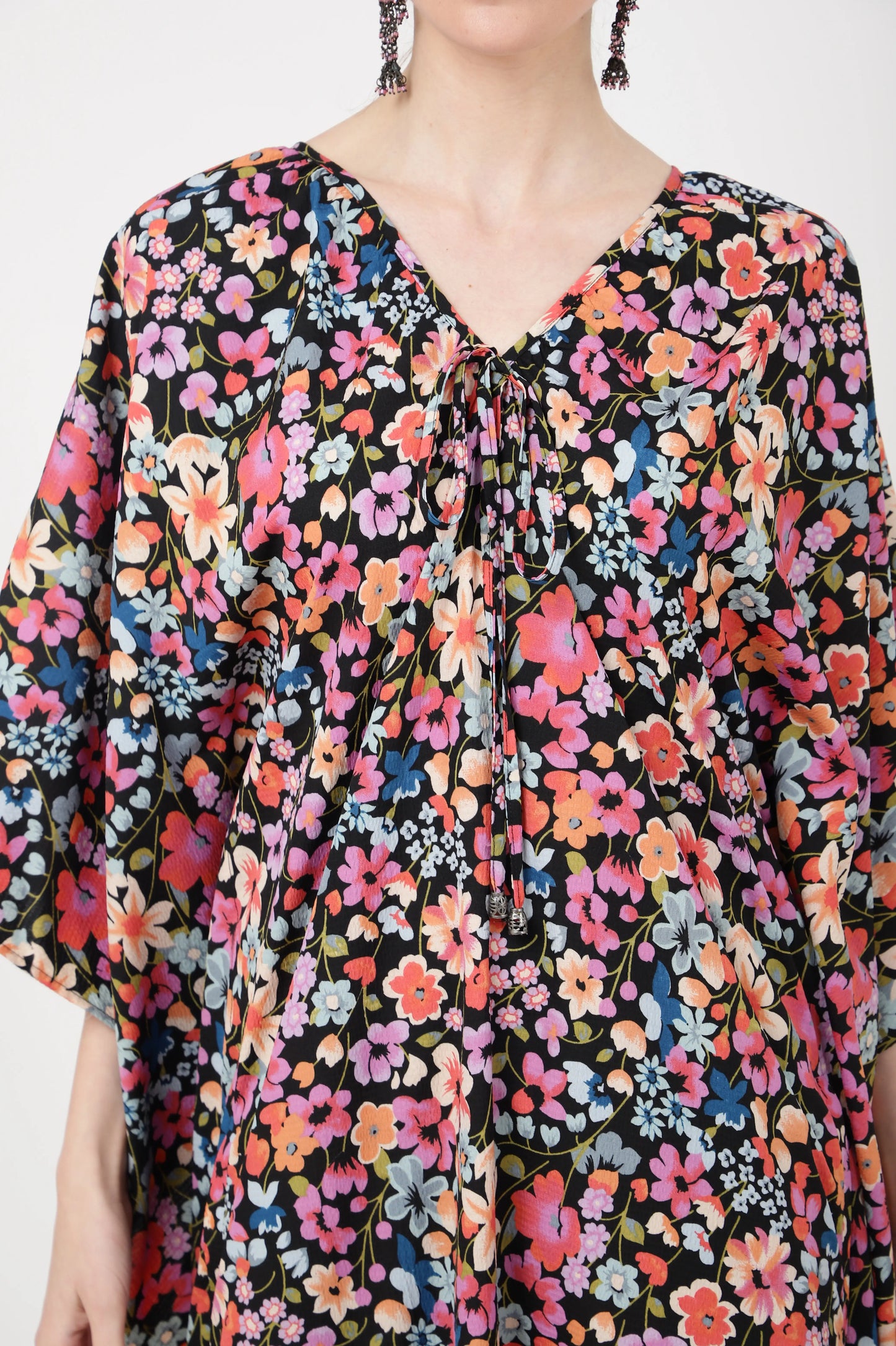 V-shaped Neckline Having Gathers in The Neckline With Tie Strings Kaftan Dresses - Floral