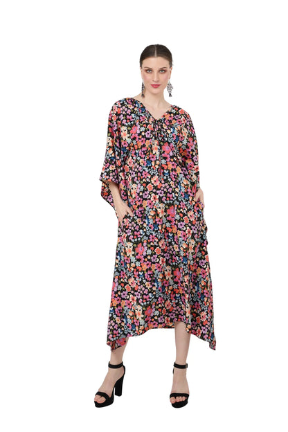 V-shaped Neckline Having Gathers in The Neckline With Tie Strings Kaftan Dresses - Floral