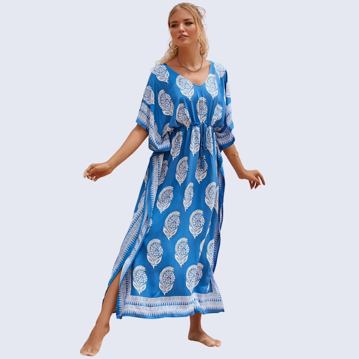 Floral Kaftan Summer Dresses, Tassel Strings waist -Blue, S-3XL