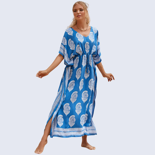 Floral Kaftan Summer Dresses, Tassel Strings waist -Blue, S-3XL