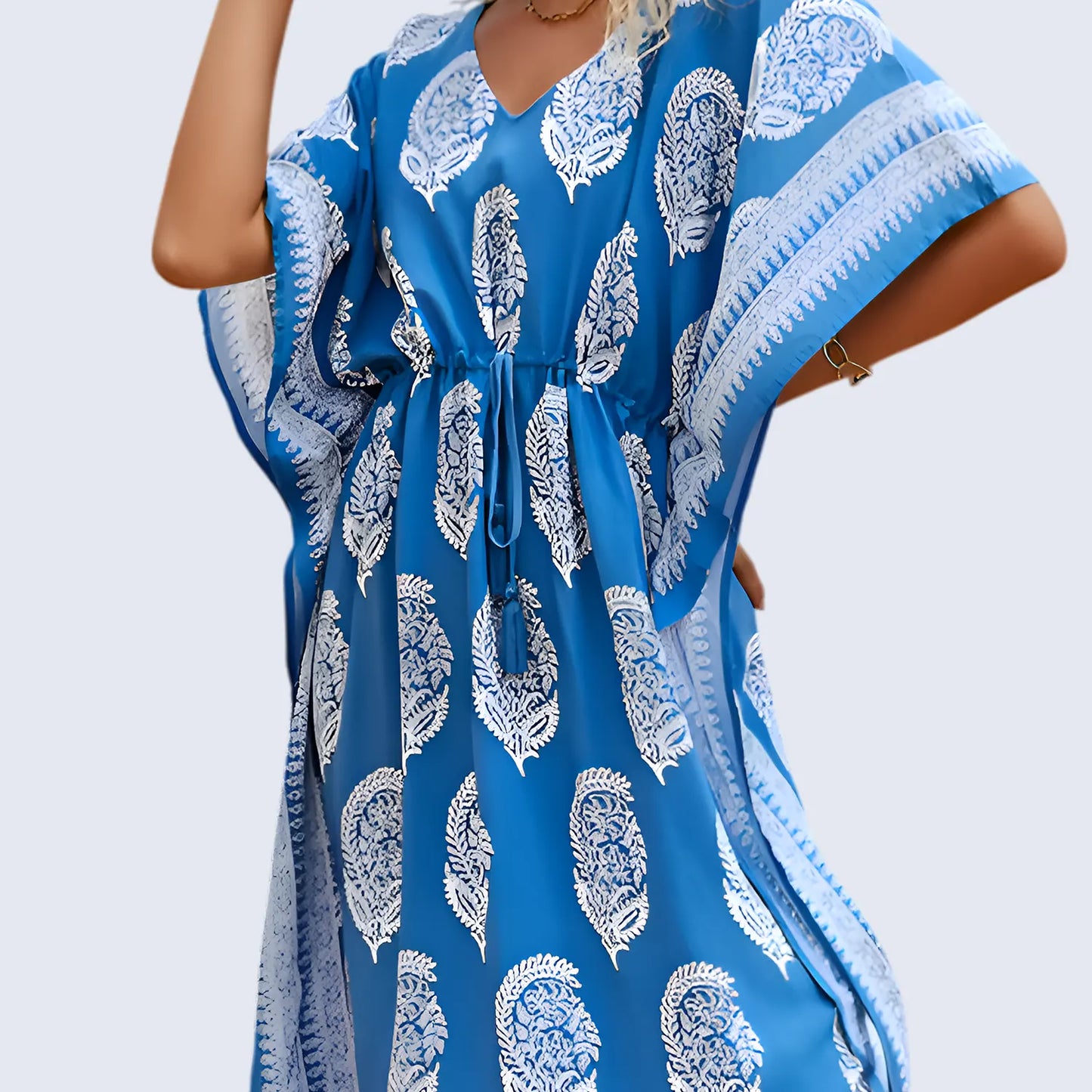 Floral Kaftan Summer Dresses, Tassel Strings waist -Blue, S-3XL