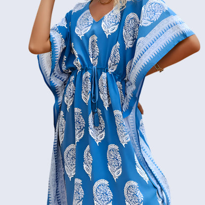 Floral Kaftan Summer Dresses, Tassel Strings waist -Blue, S-3XL
