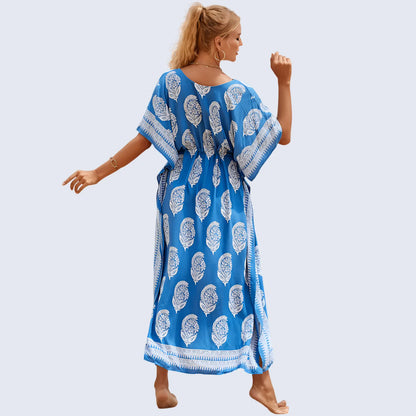 Floral Kaftan Summer Dresses, Tassel Strings waist -Blue, S-3XL