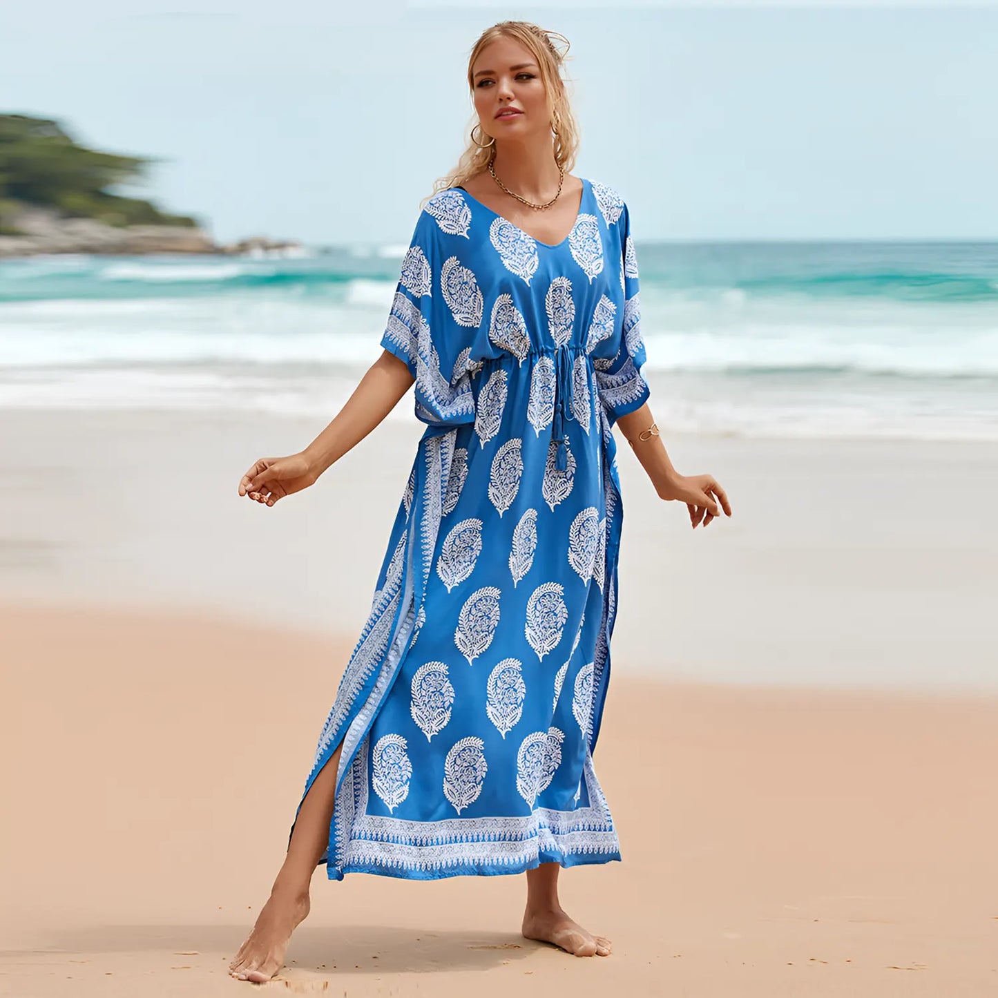 Floral Kaftan Summer Dresses, Tassel Strings waist -Blue, S-3XL