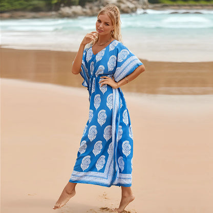 Floral Kaftan Summer Dresses, Tassel Strings waist -Blue, S-3XL