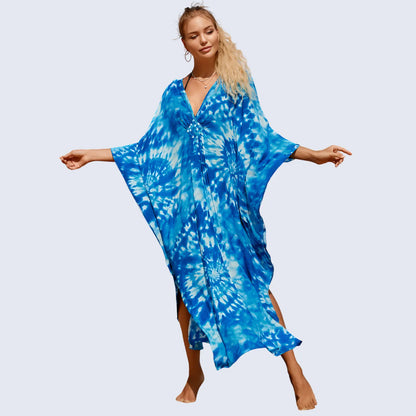 Kaftan Summer Dresses, Braided V-Neck - Indigo, S-3XL