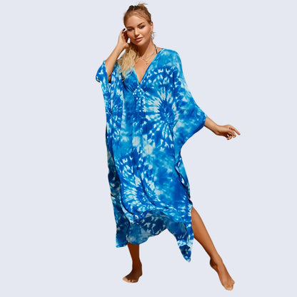 Kaftan Summer Dresses, Braided V-Neck - Indigo, S-3XL