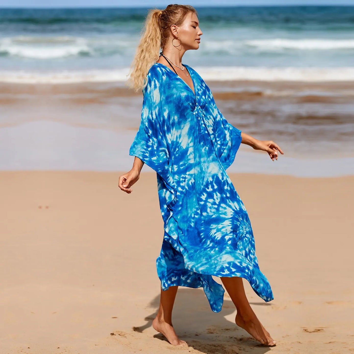 Kaftan Summer Dresses, Braided V-Neck - Indigo, S-3XL