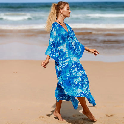 Kaftan Summer Dresses, Braided V-Neck - Indigo, S-3XL
