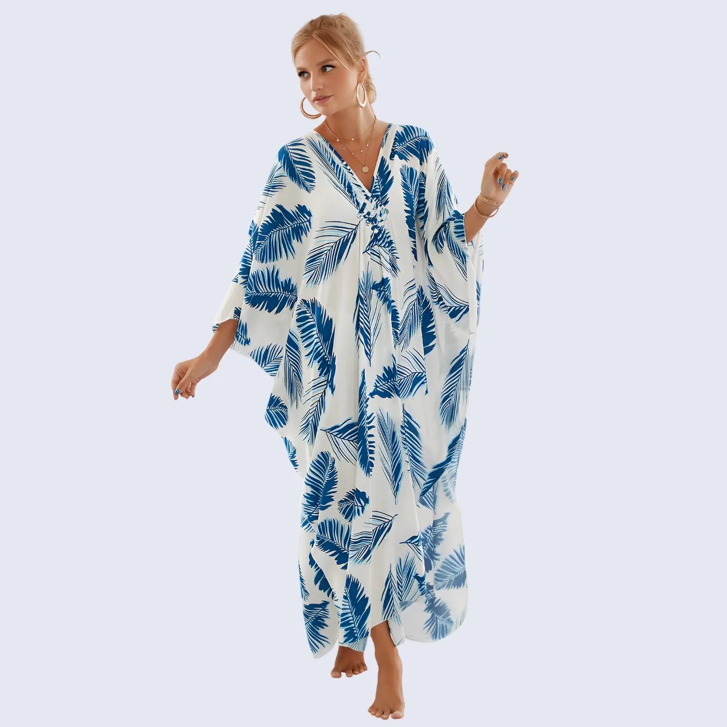 Kaftan Summer Dresses, Braided V-Neck - Blue Feather, S-3XL