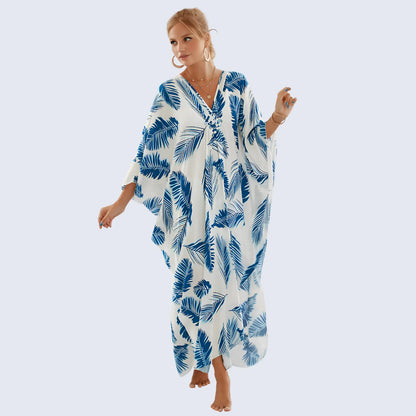 Kaftan Summer Dresses, Braided V-Neck - Blue Feather, S-3XL
