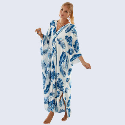 Kaftan Summer Dresses, Braided V-Neck - Blue Feather, S-3XL