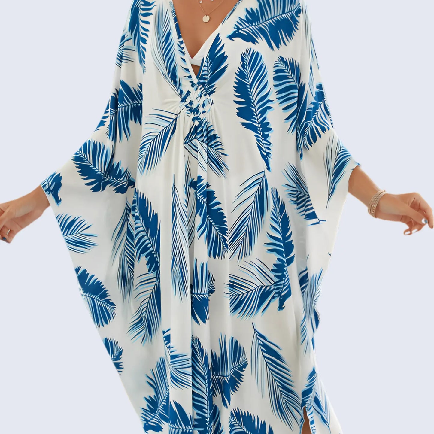 Kaftan Summer Dresses, Braided V-Neck - Blue Feather, S-3XL