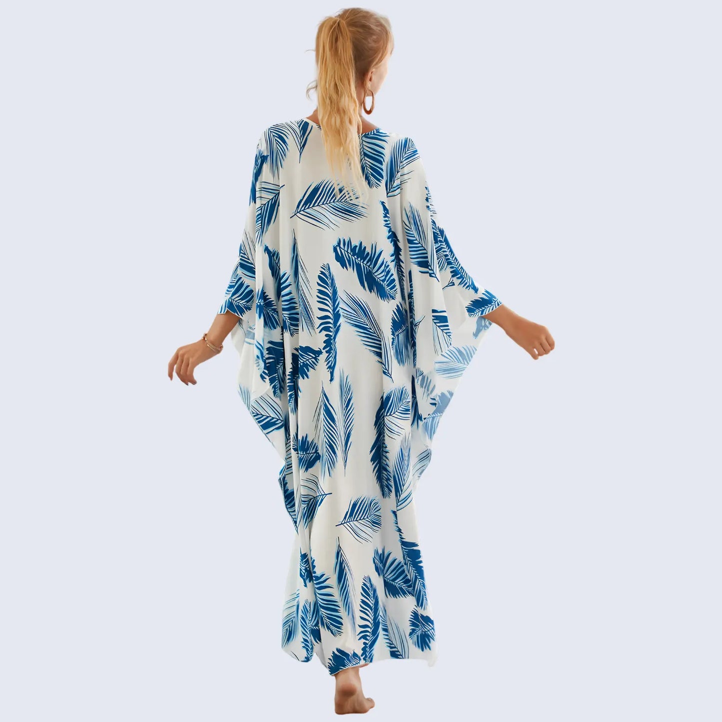 Kaftan Summer Dresses, Braided V-Neck - Blue Feather, S-3XL