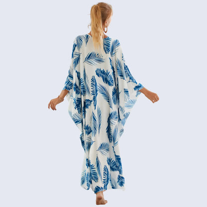 Kaftan Summer Dresses, Braided V-Neck - Blue Feather, S-3XL