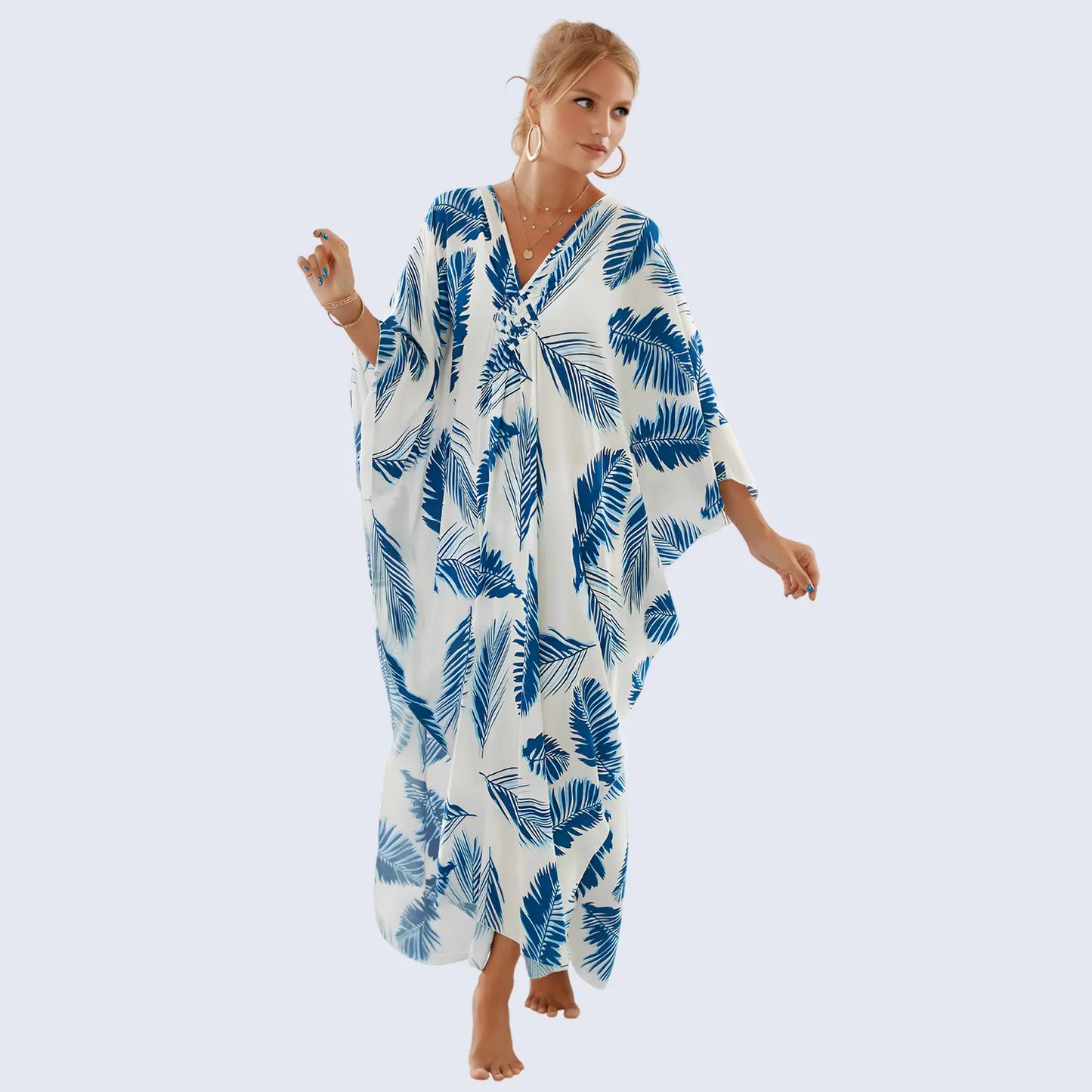 Kaftan Summer Dresses, Braided V-Neck - Blue Feather, S-3XL