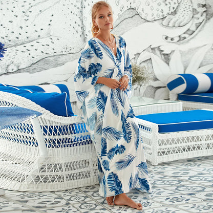 Kaftan Summer Dresses, Braided V-Neck - Blue Feather, S-3XL