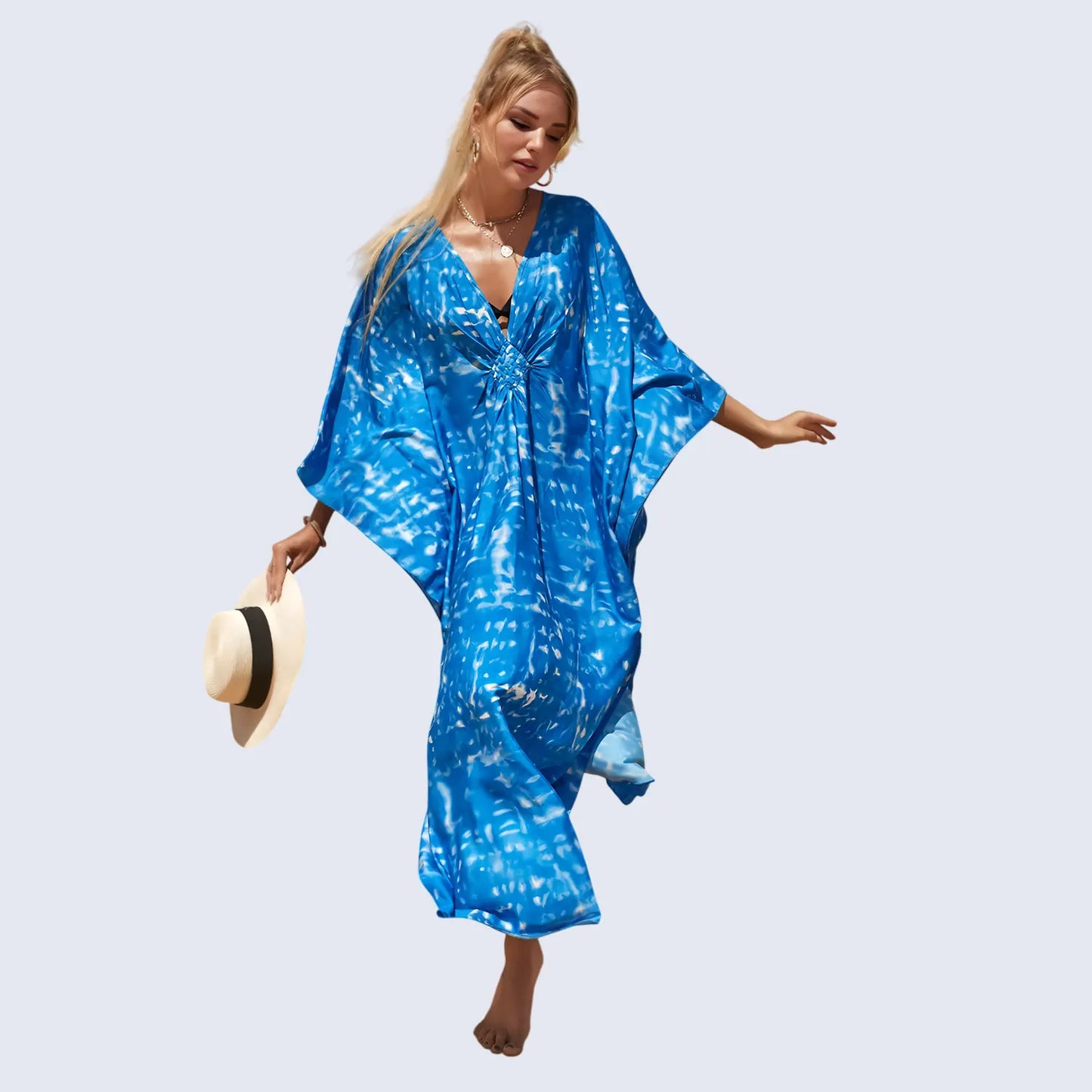 Kaftan Summer Dresses, Braided V-Neck - Blue, S-3XL