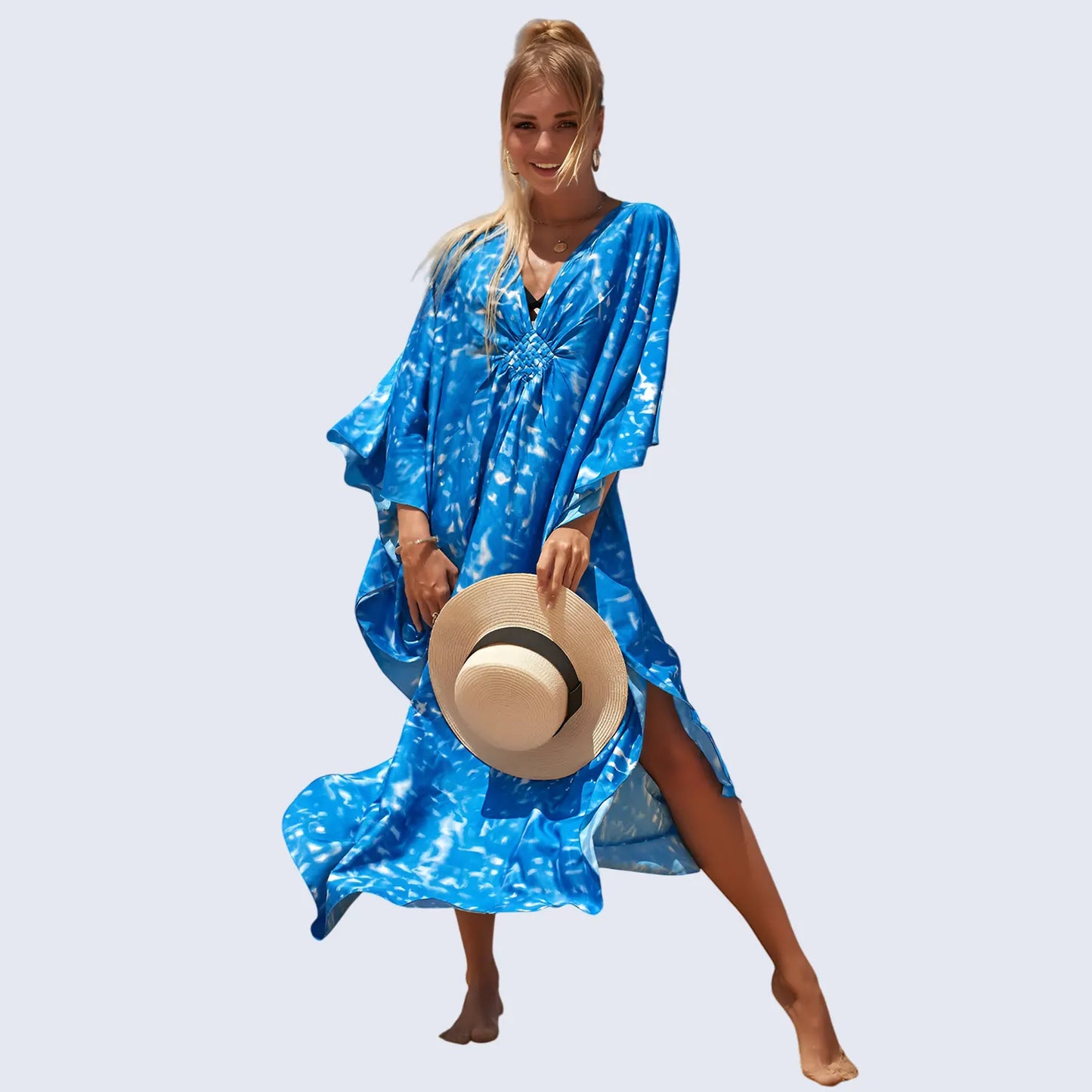 Kaftan Summer Dresses, Braided V-Neck - Blue, S-3XL