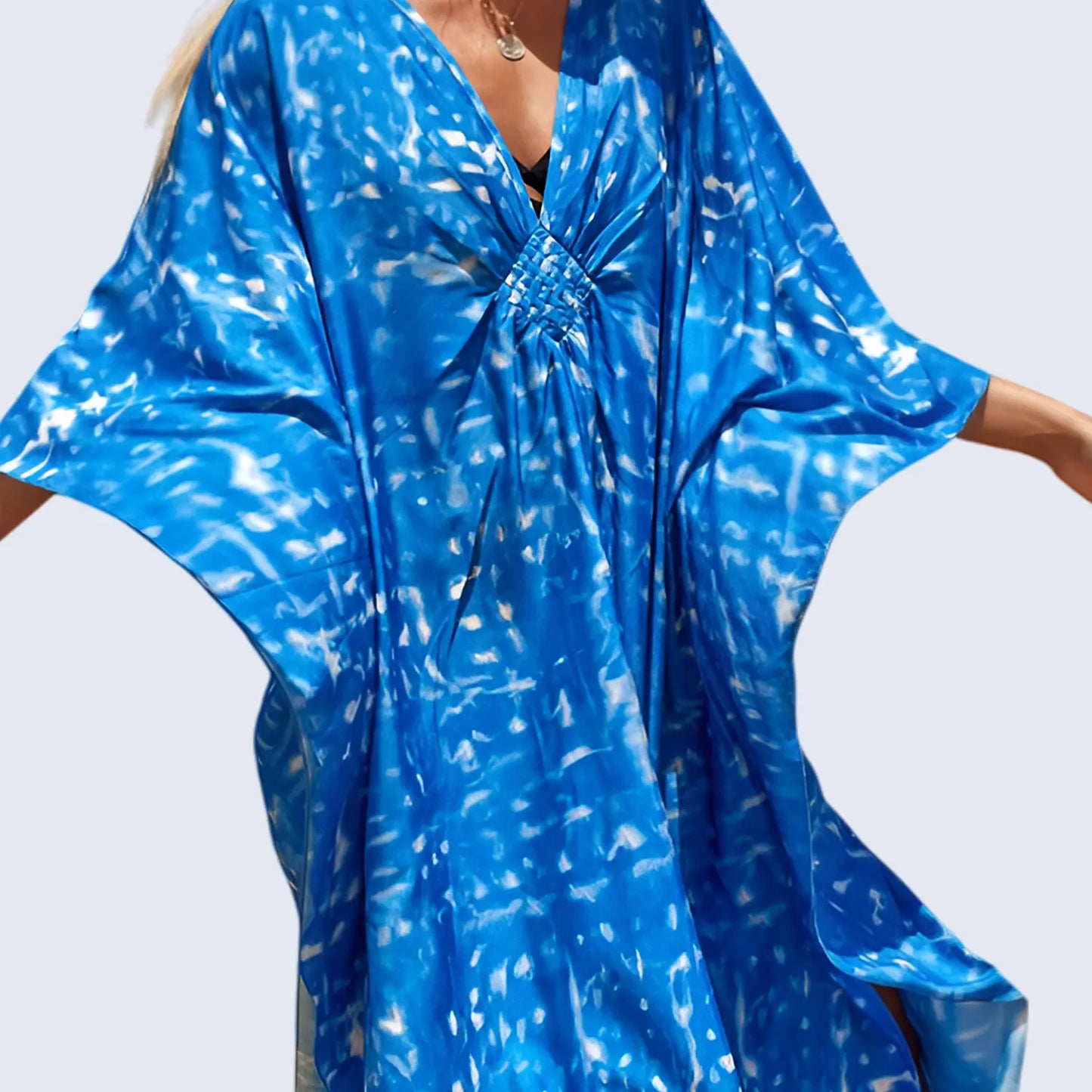Kaftan Summer Dresses, Braided V-Neck - Blue, S-3XL