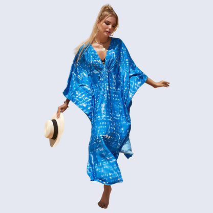 Kaftan Summer Dresses, Braided V-Neck - Blue, S-3XL