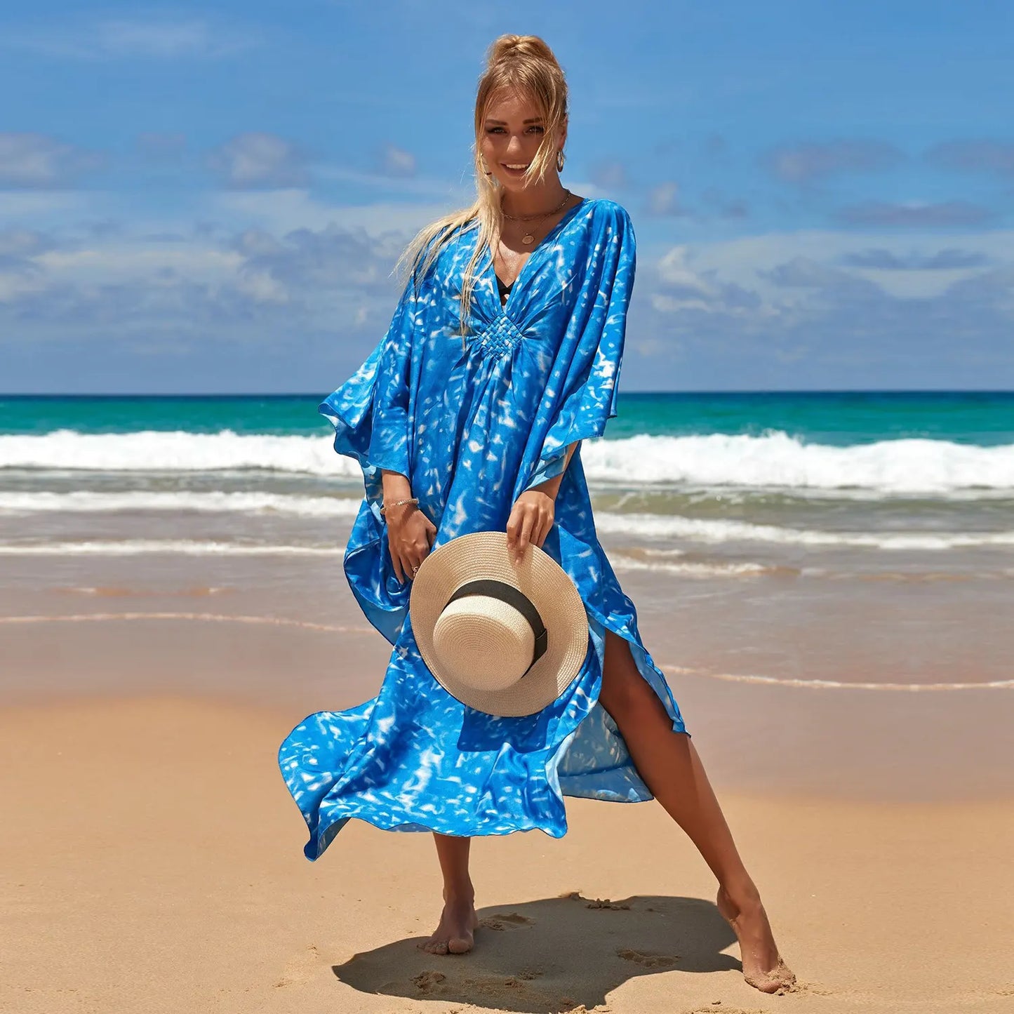 Kaftan Summer Dresses, Braided V-Neck - Blue, S-3XL