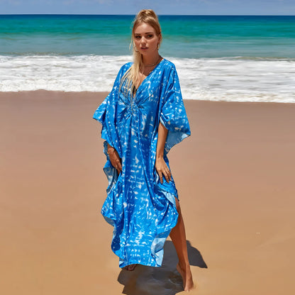 Kaftan Summer Dresses, Braided V-Neck - Blue, S-3XL