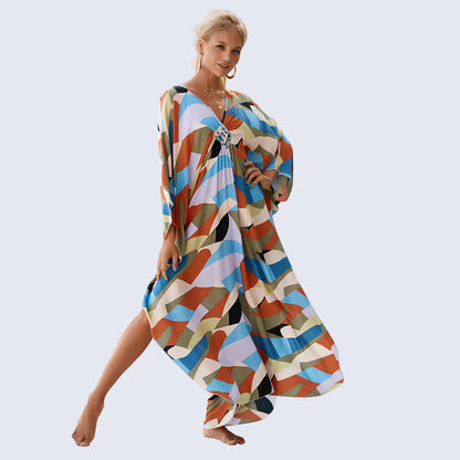 Kaftan Summer Dresses, Braided V-Neck - White Palm, S-3XL