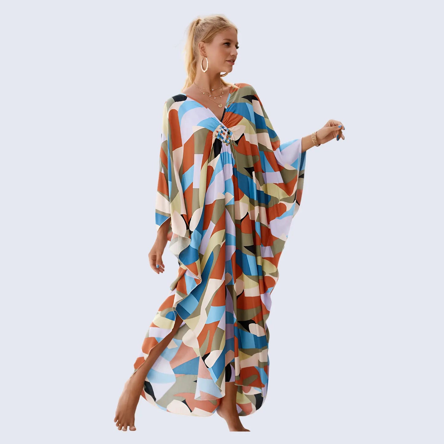 Kaftan Summer Dresses, Braided V-Neck - White Palm, S-3XL