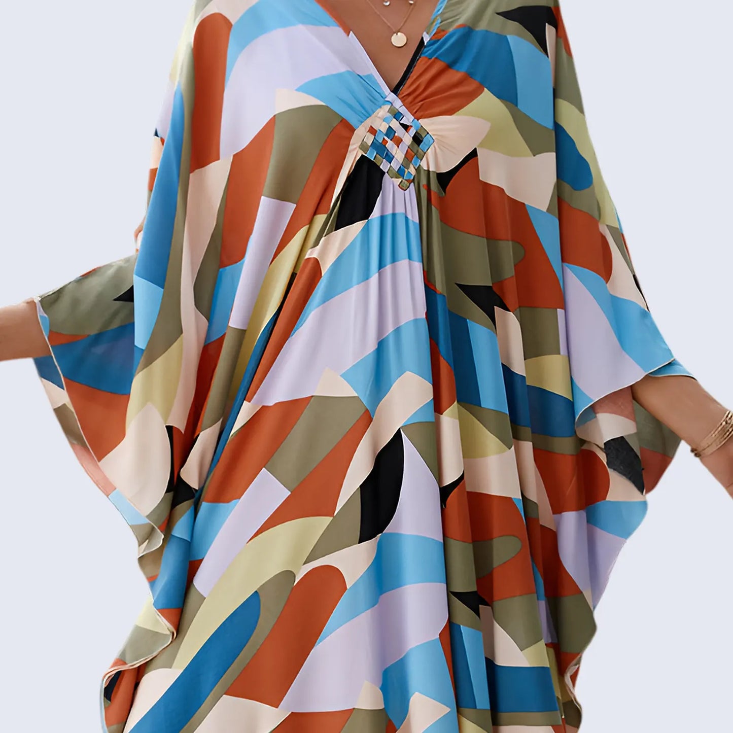 Kaftan Summer Dresses, Braided V-Neck - White Palm, S-3XL