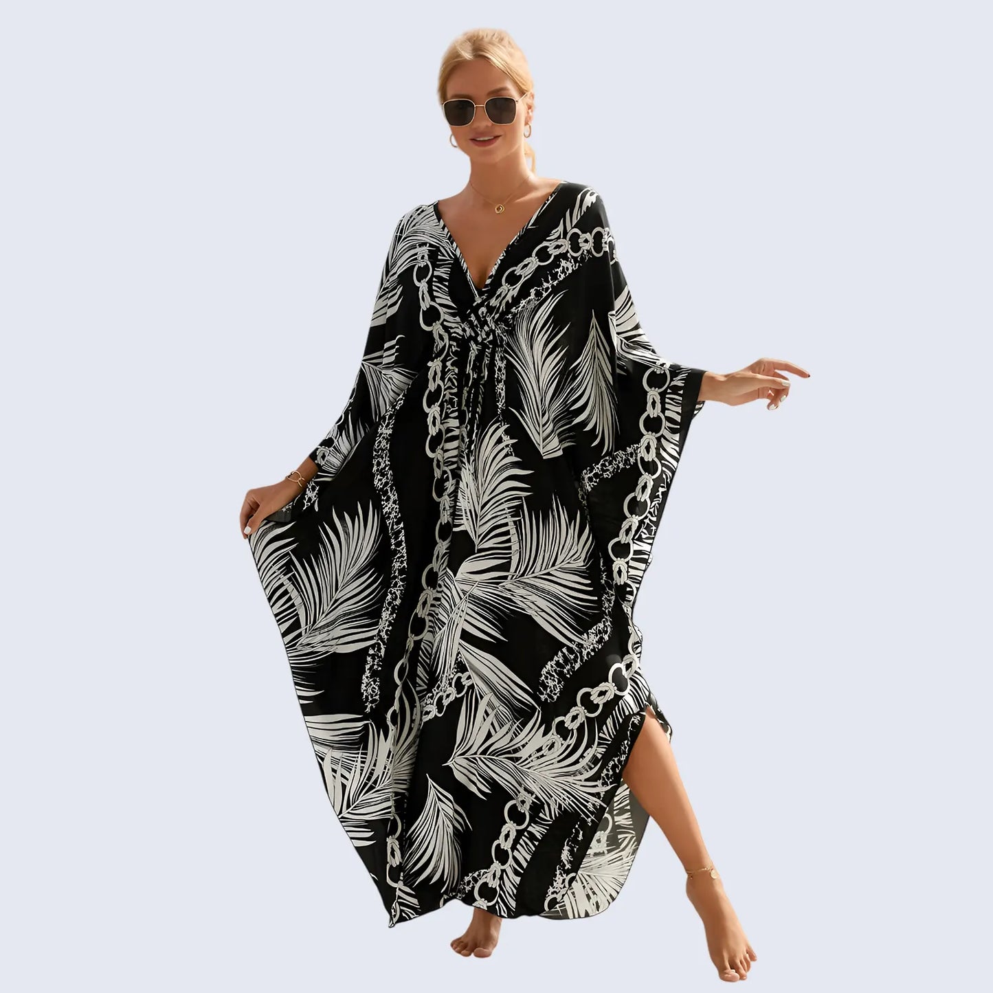 Kaftan Summer Dresses, Braided V-Neck - Black Palm, S-3XL