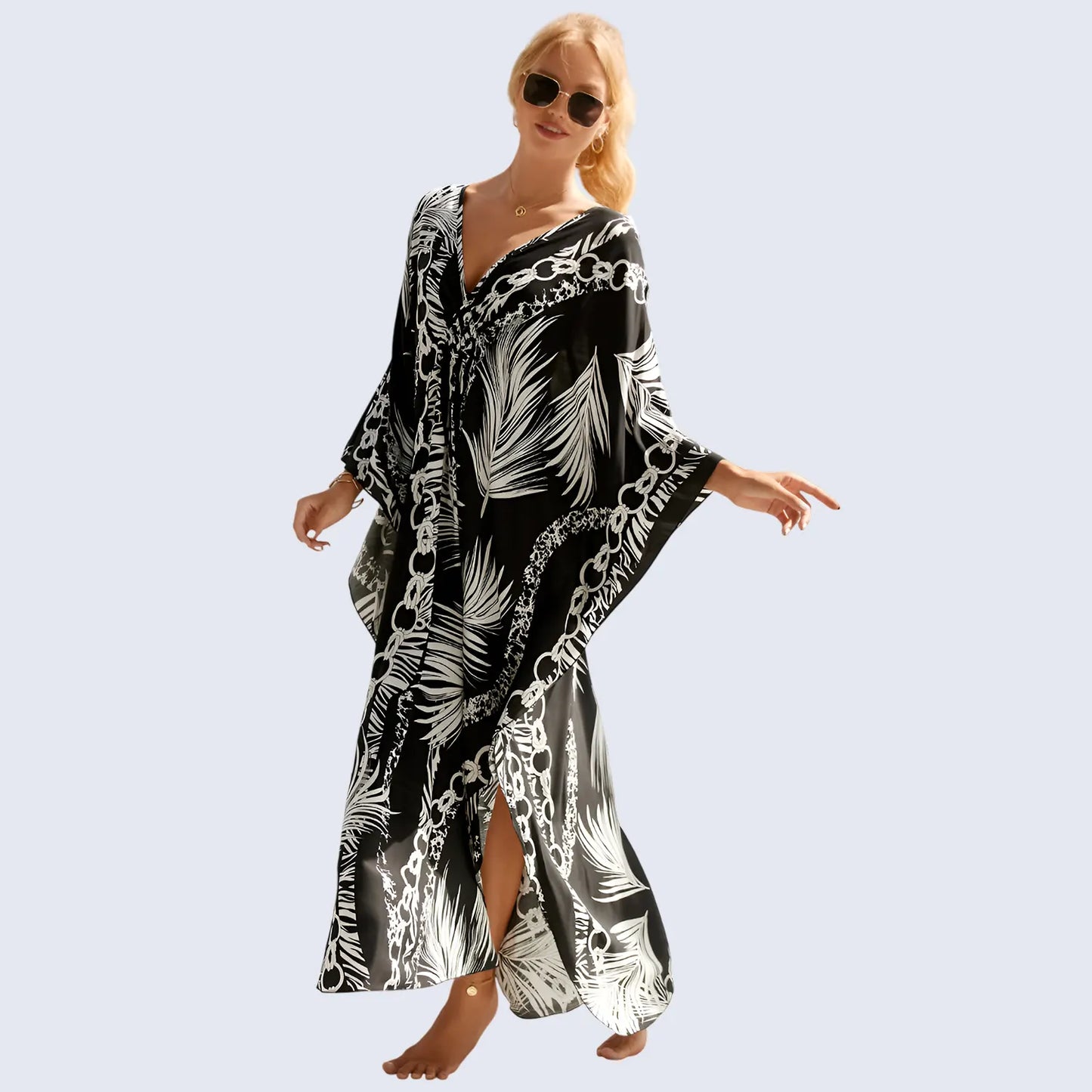 Kaftan Summer Dresses, Braided V-Neck - Black Palm, S-3XL
