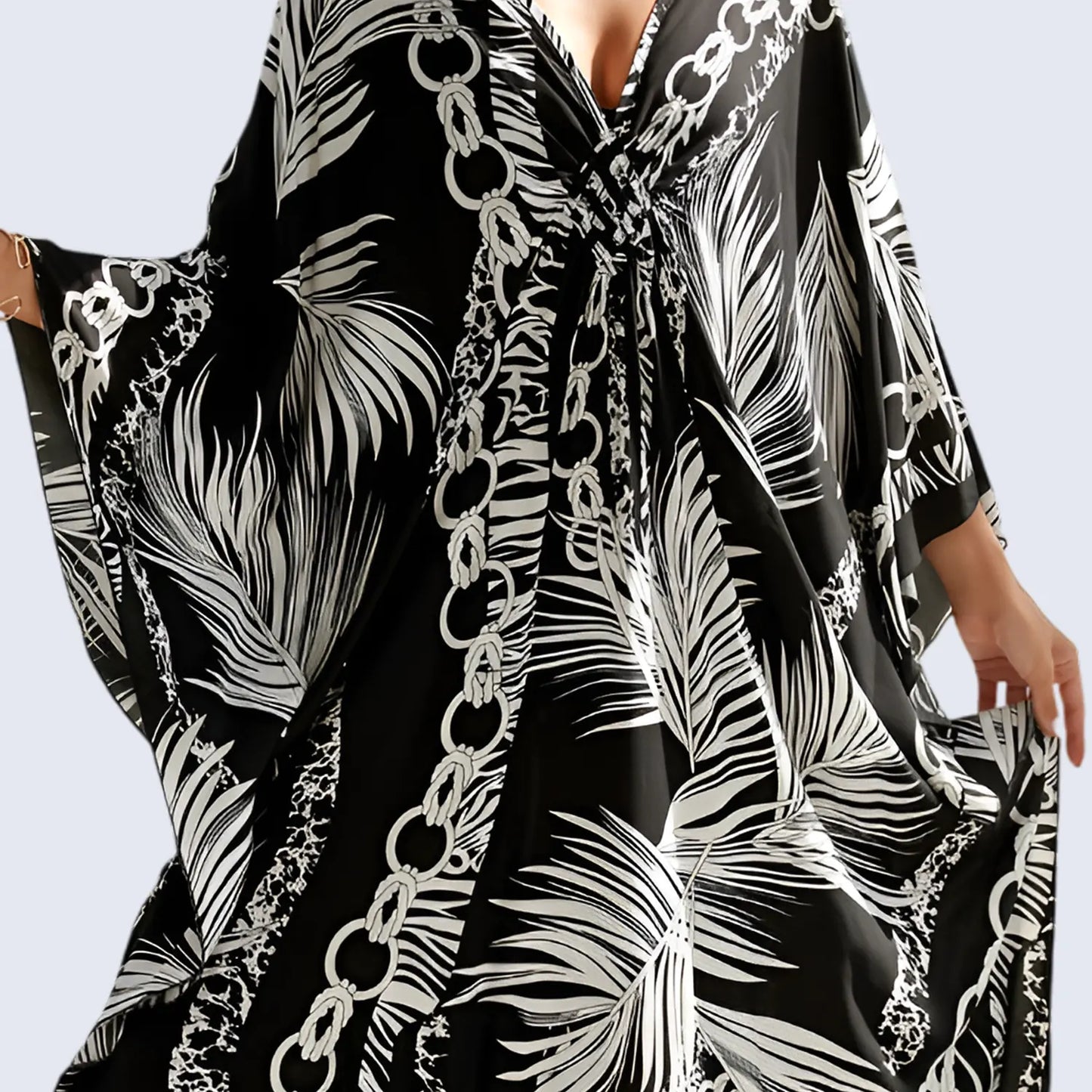 Kaftan Summer Dresses, Braided V-Neck - Black Palm, S-3XL