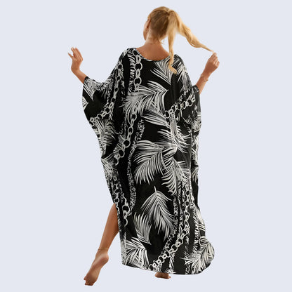 Kaftan Summer Dresses, Braided V-Neck - Black Palm, S-3XL