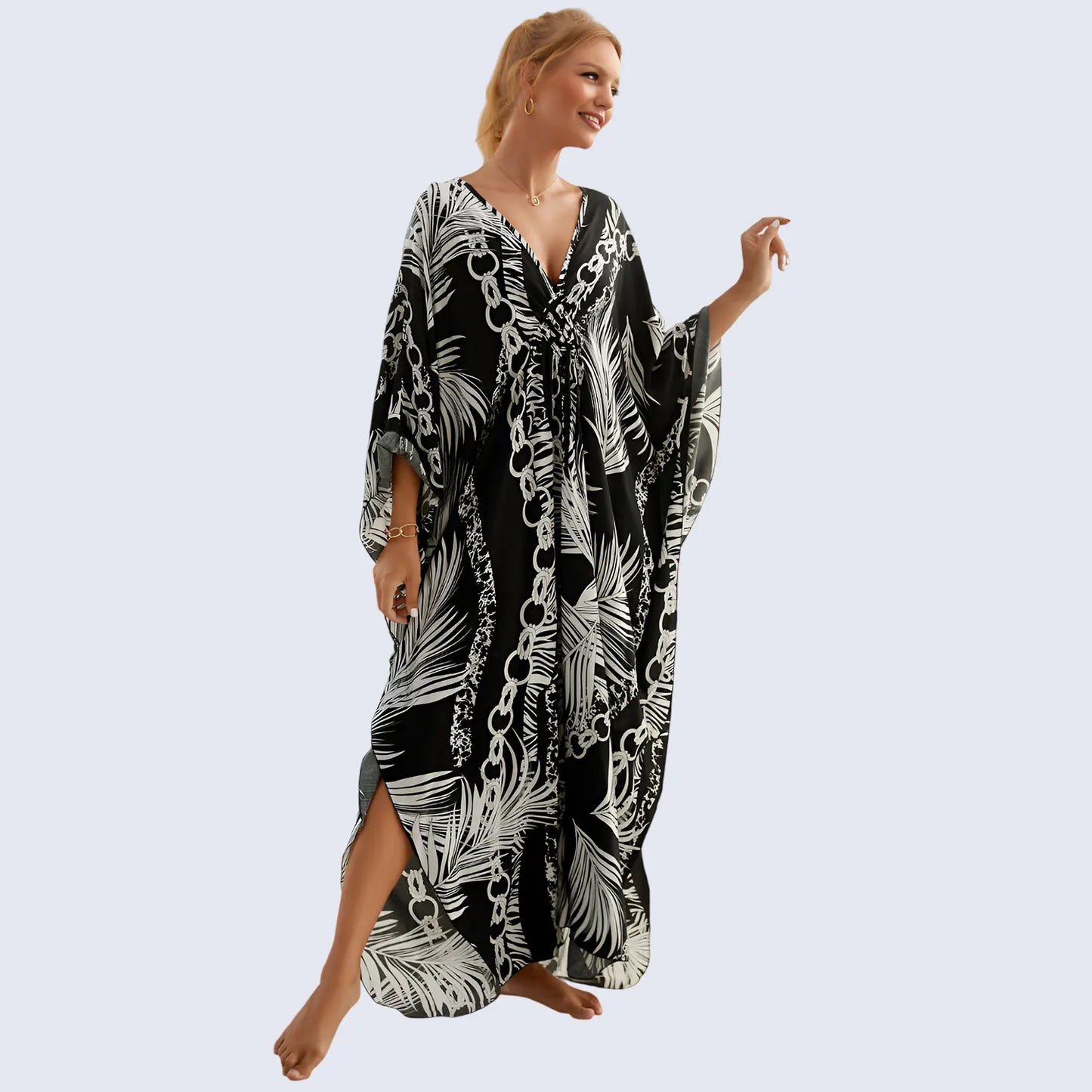 Kaftan Summer Dresses, Braided V-Neck - Black Palm, S-3XL