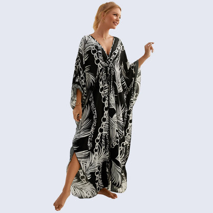 Kaftan Summer Dresses, Braided V-Neck - Black Palm, S-3XL