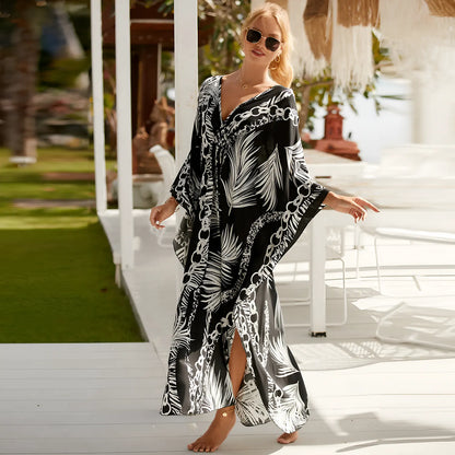 Kaftan Summer Dresses, Braided V-Neck - Black Palm, S-3XL