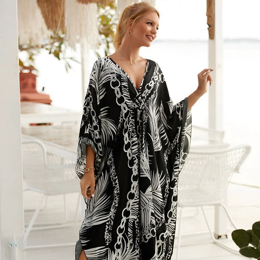 Kaftan Summer Dresses, Braided V-Neck - Black Palm, S-3XL