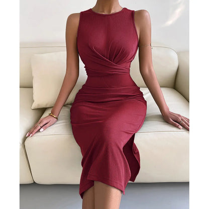 Elegant Gathered Midi Dress – Versatile Sleeveless Dress for Every Occasion