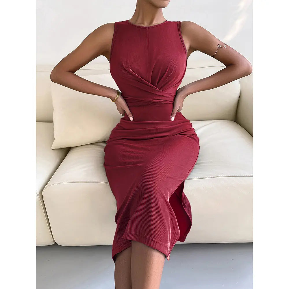 Elegant Gathered Midi Dress – Versatile Sleeveless Dress for Every Occasion