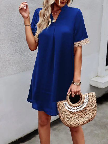 Elegant V-Neck Short-Sleeve Dress with Lace Cuff Detail- Available in 4 color options