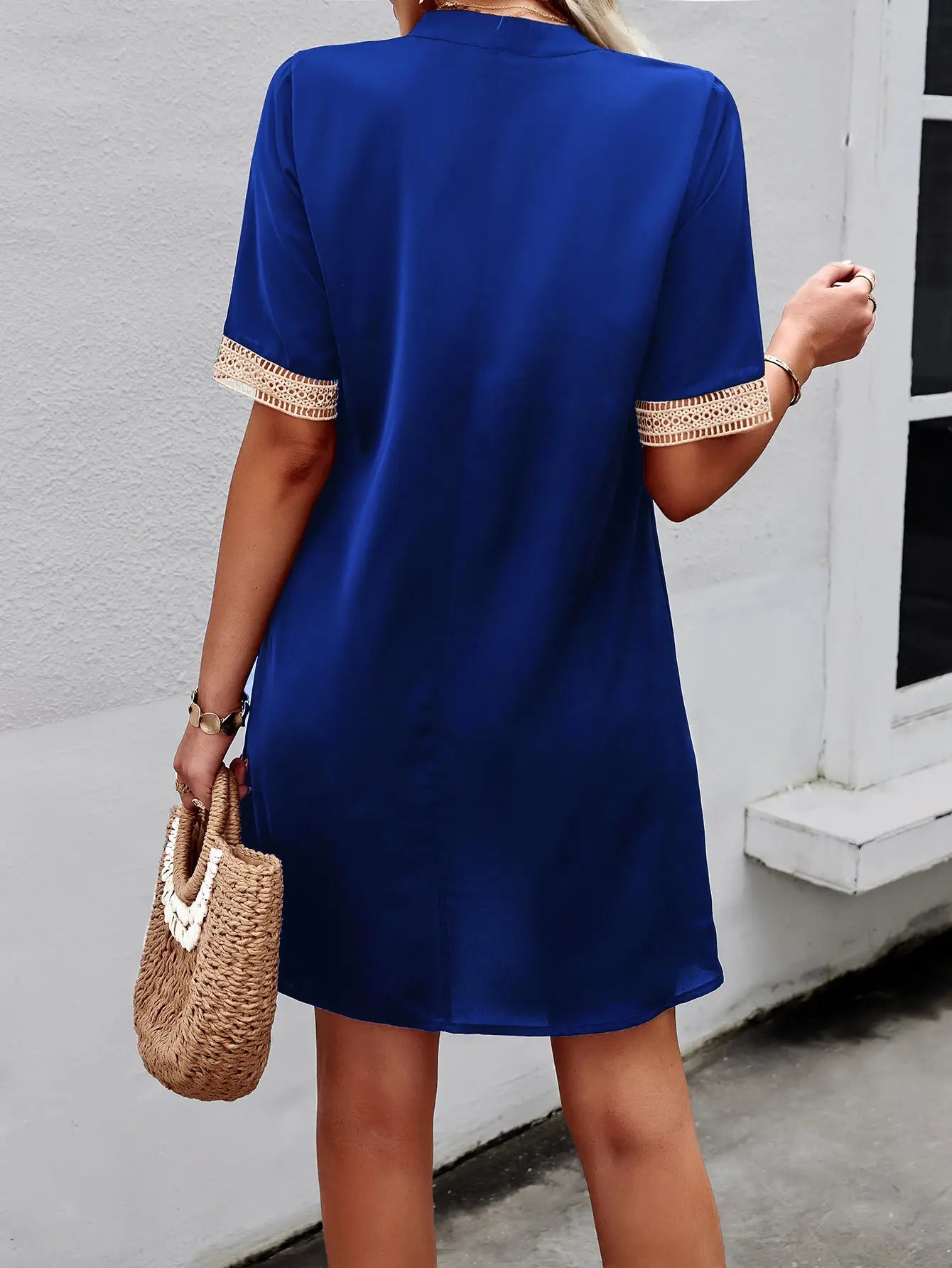 Elegant V-Neck Short-Sleeve Dress with Lace Cuff Detail- Available in 4 color options