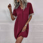 Elegant V-Neck Short-Sleeve Dress with Lace Cuff Detail- Available in 4 color options