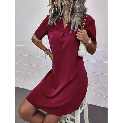 Elegant V-Neck Short-Sleeve Dress with Lace Cuff Detail- Available in 4 color options