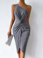 Wrapped One-Shoulder Dress with Asymmetric Hem in Grey