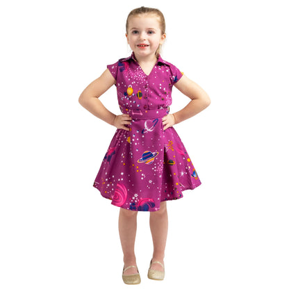 Girl Kids Vintage Style Collared Button down Dress Galaxy Print - Available in 3 Colors